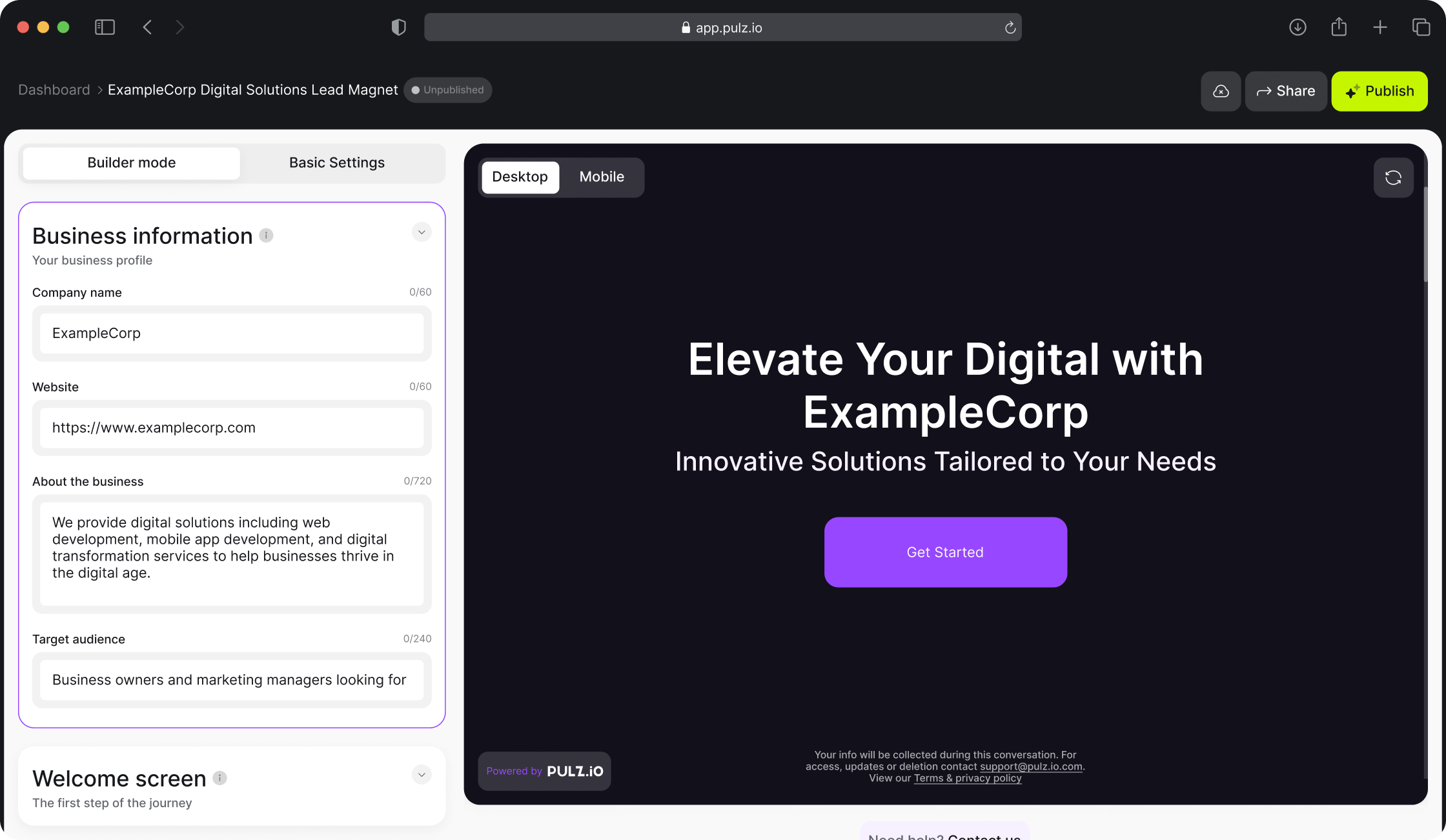 Pulz.io builder mode screen displaying business information input fields to customize lead magnets.