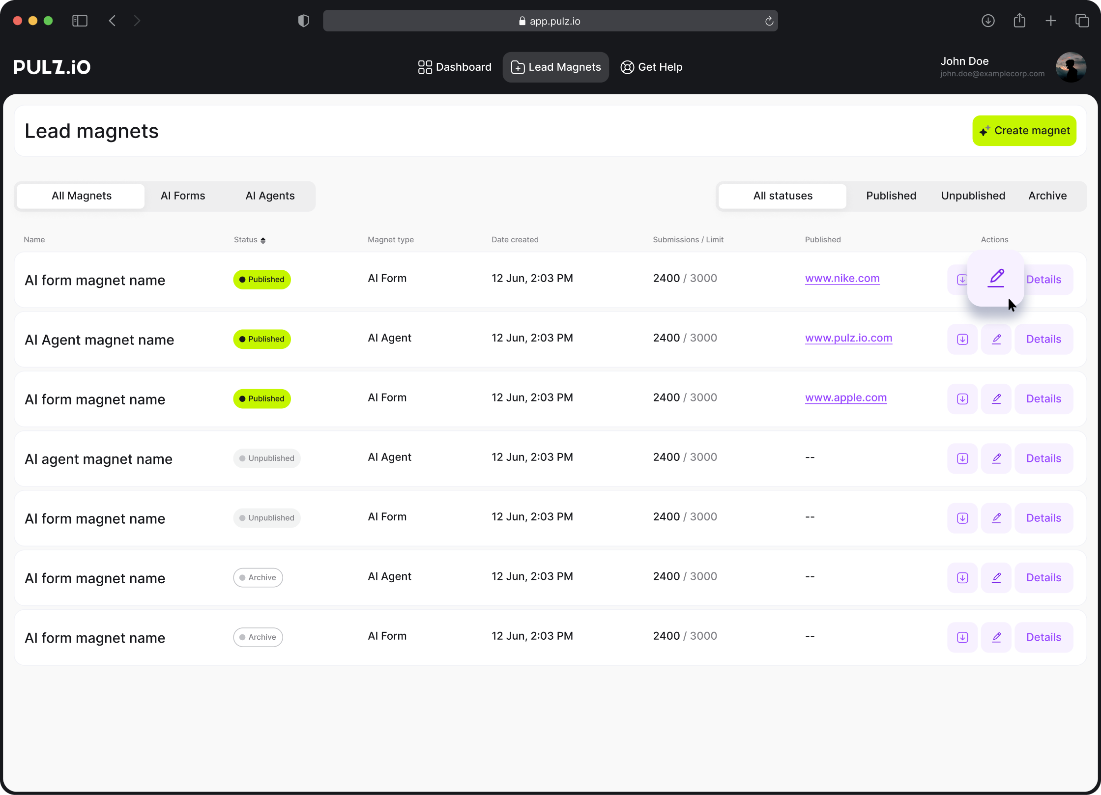 Pulz.io interface with options to edit an existing lead magnet, allowing users to modify content, design, and settings.