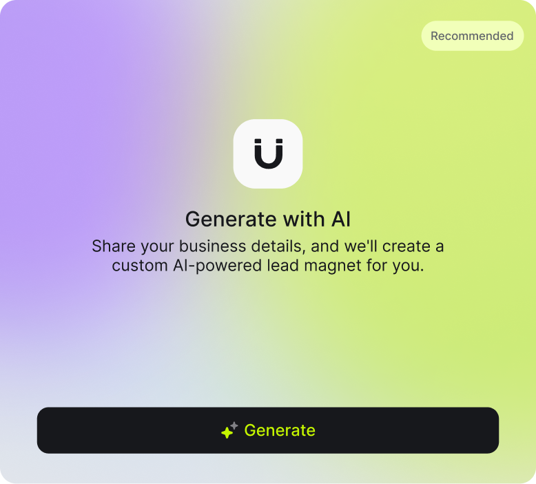 Pulz.io interface offering the option to generate a custom lead magnet using AI based on business details.