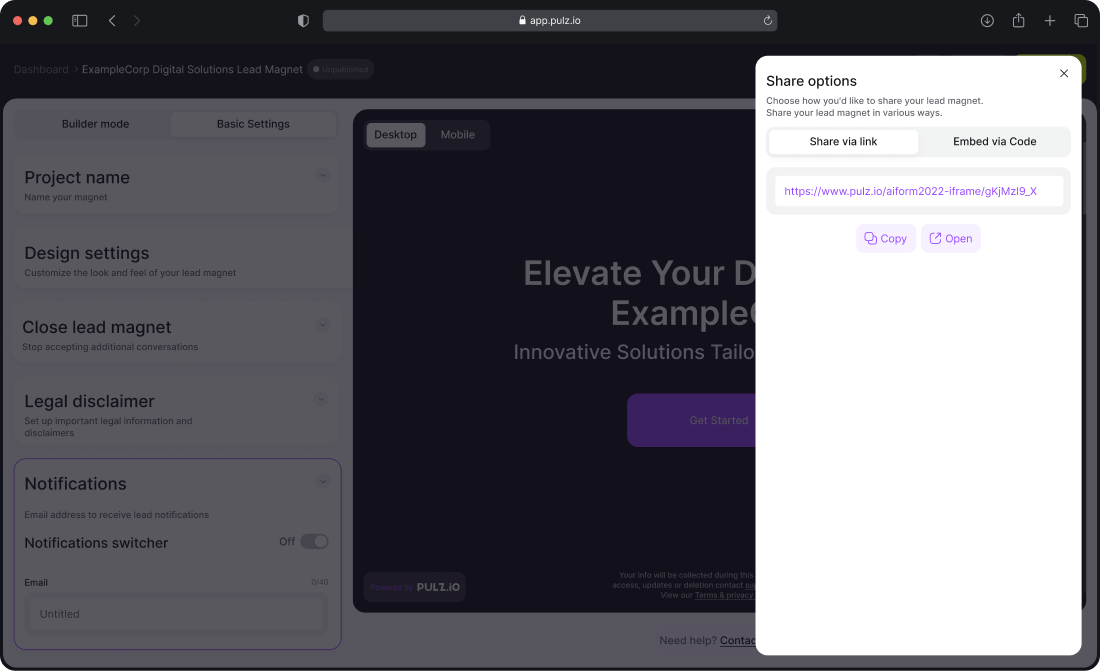 Pulz.io interface displaying sharing options for lead magnets, including sharing via link or embedding the lead magnet with a code snippet.