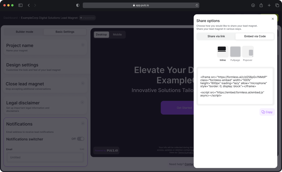 Pulz.io interface displaying sharing options for lead magnets, including sharing via link or embedding the lead magnet with a code snippet.