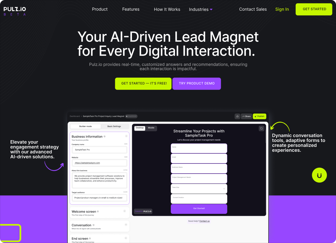 Pulz.io main website page showing AI-Driven Lead Magnet for digital interaction.