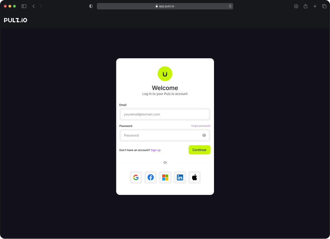 Screenshots showing the fields to submit email and create a password for Pulz.io.