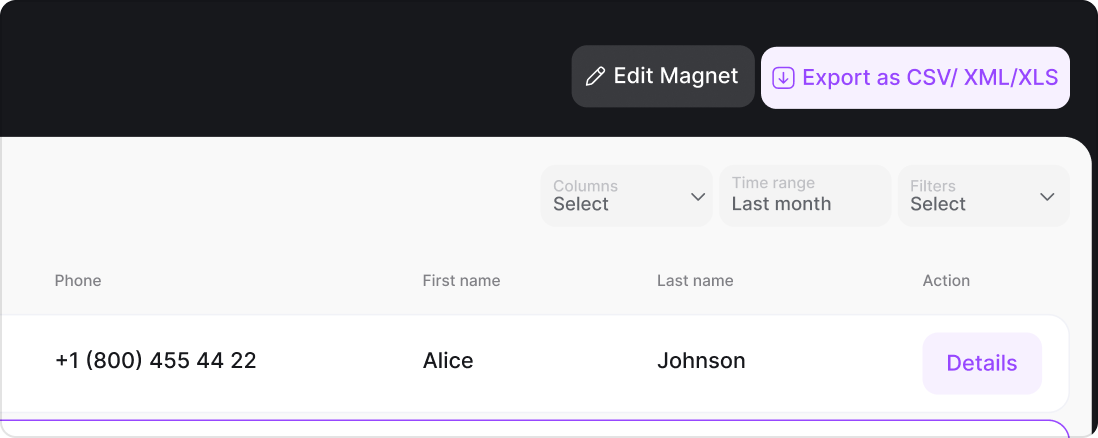 Pulz.io interface showing options for managing lead magnet submissions, including exporting, deleting, and viewing submission details.