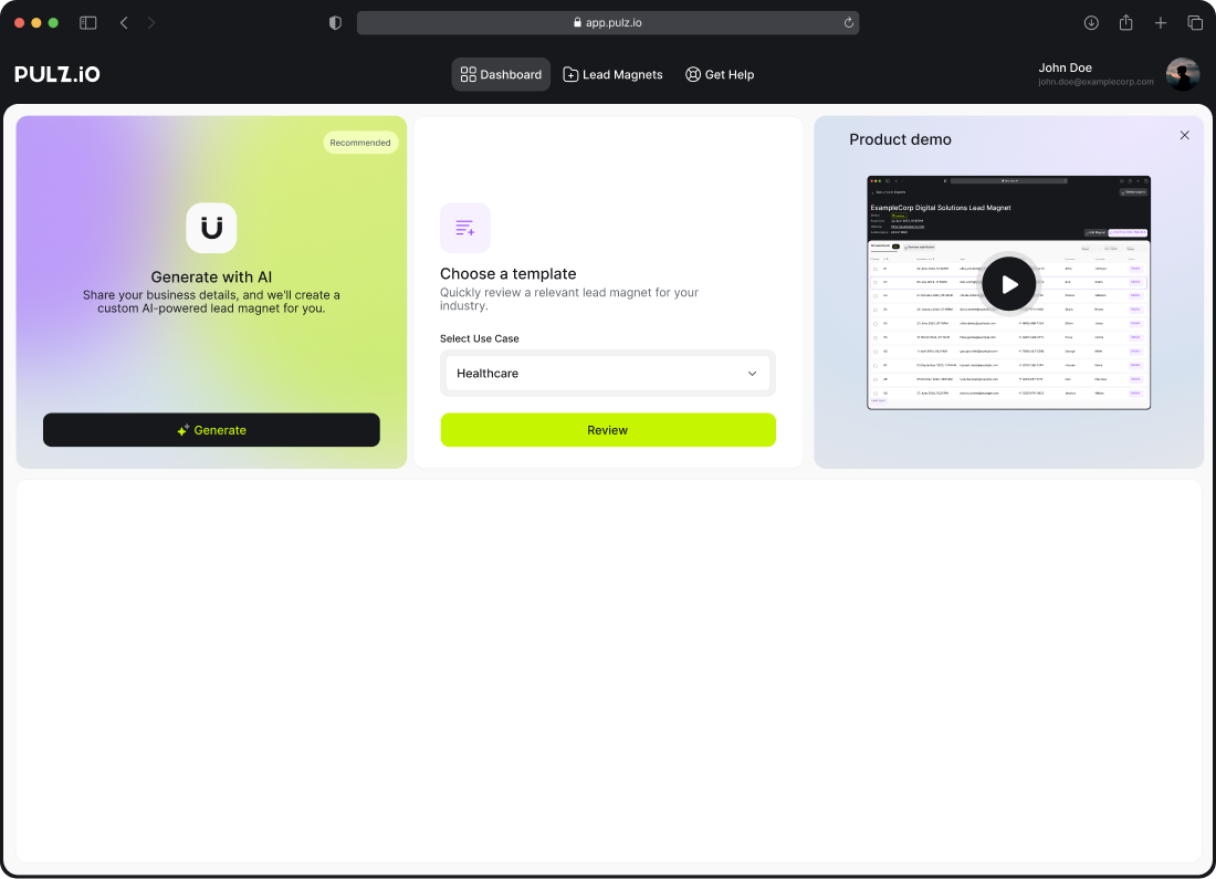 Pulz.io dashboard overview, displaying options for lead magnet generation and templates.