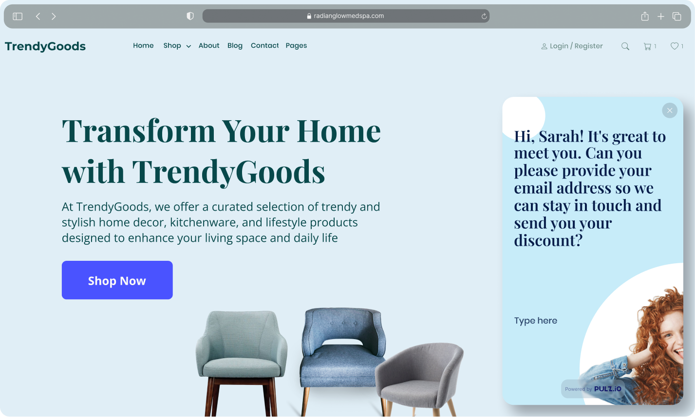 AI agent on an eCommerce website, engaging with users to collect their email address and offer a discount on home decor products.