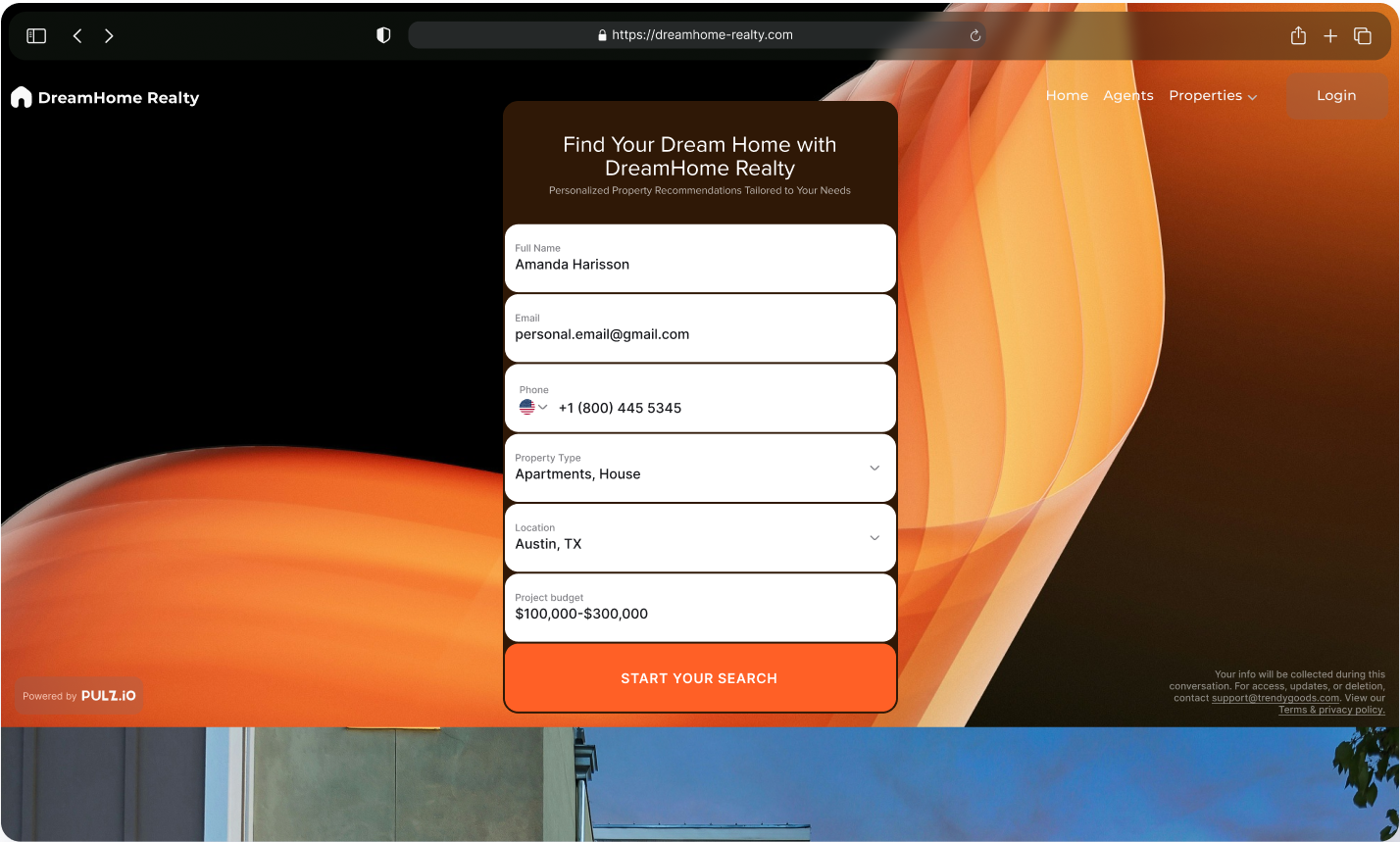 AI-driven form on a real estate website, helping users find their dream home by collecting personalized property preferences.