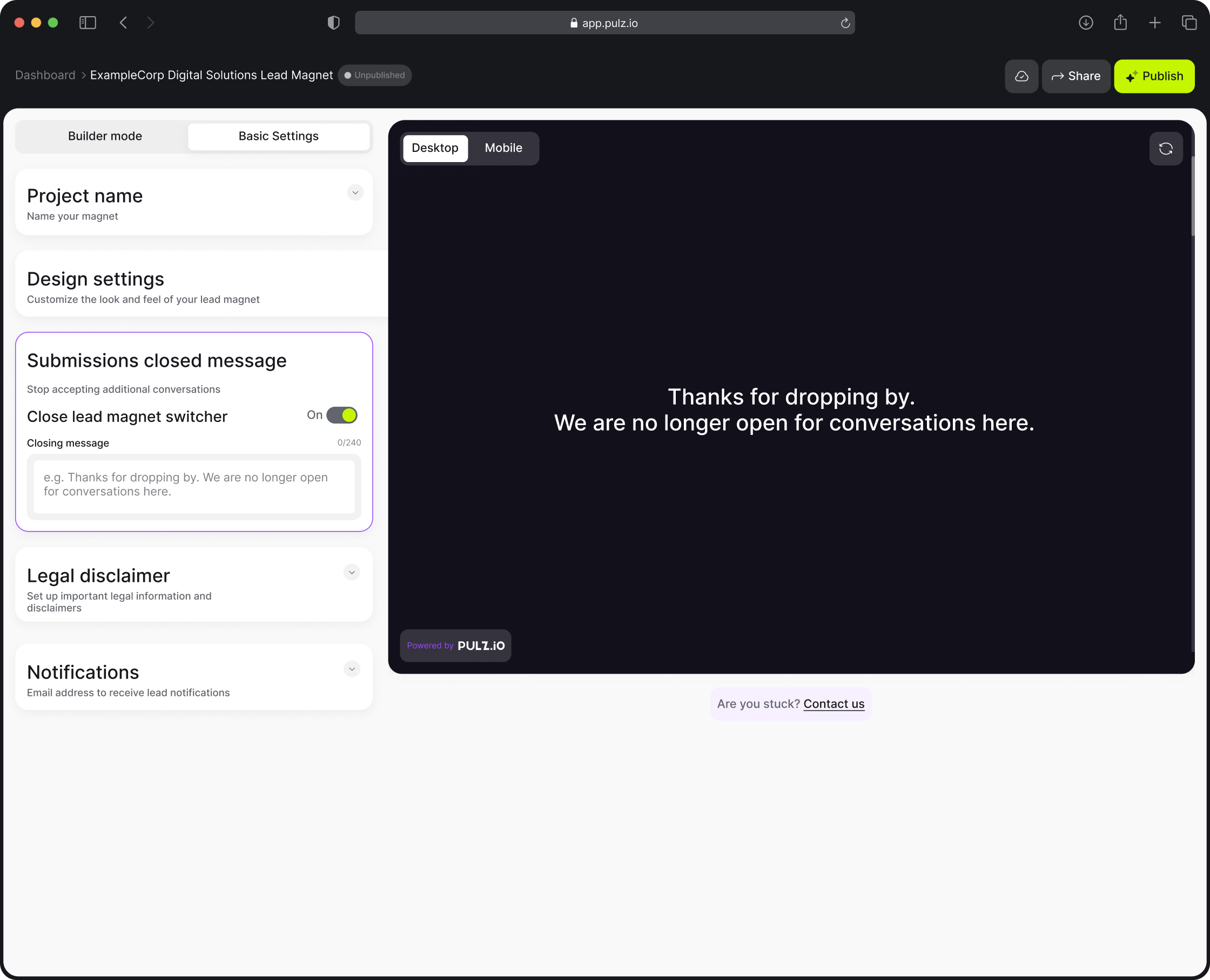 Pulz.io builder mode with the option to close the lead magnet, allowing users to add a closing message or redirect users after the interaction is completed.