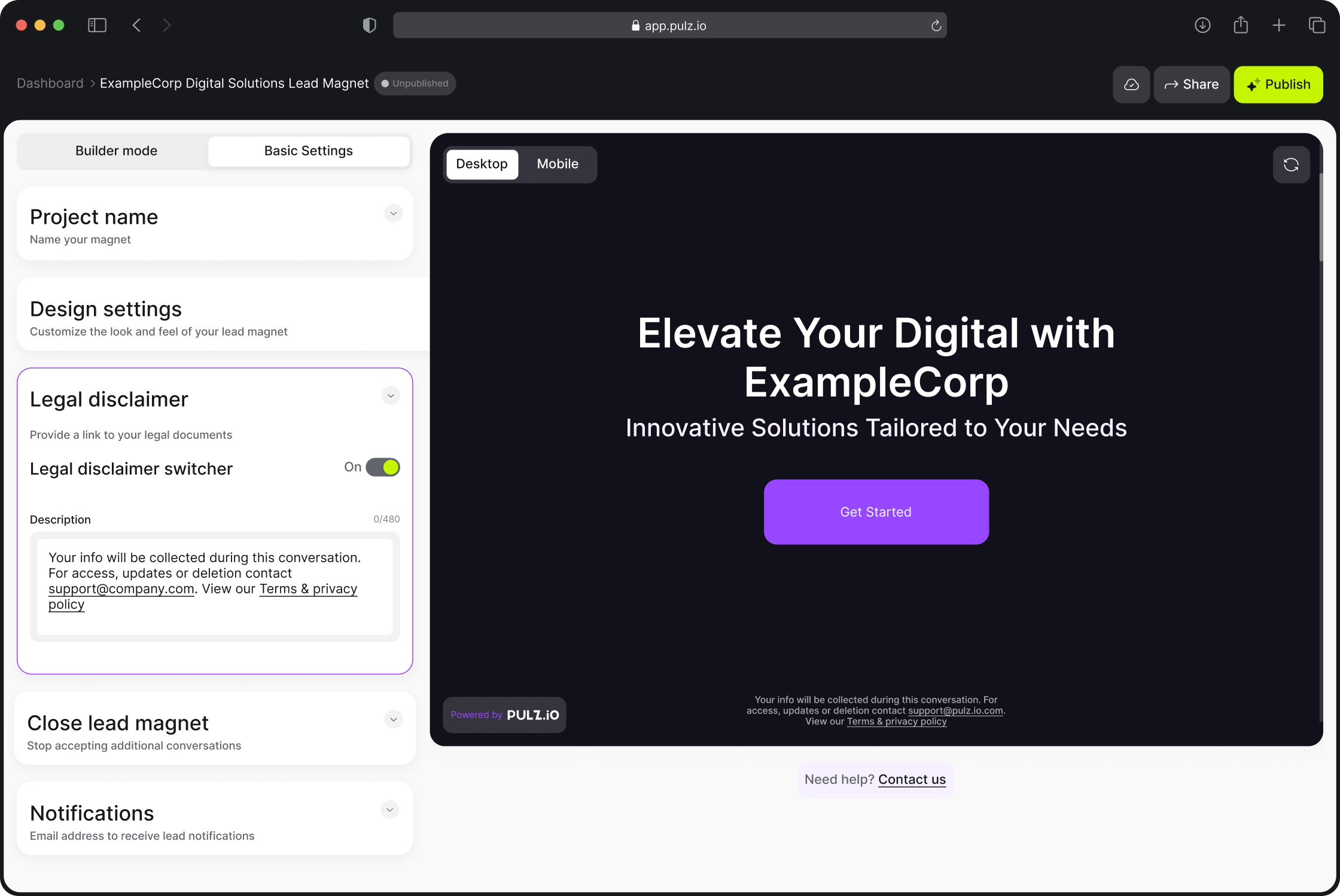 Pulz.io builder mode showing basic settings with the option to add or edit a legal disclaimer, allowing users to provide terms and conditions for the lead magnet.