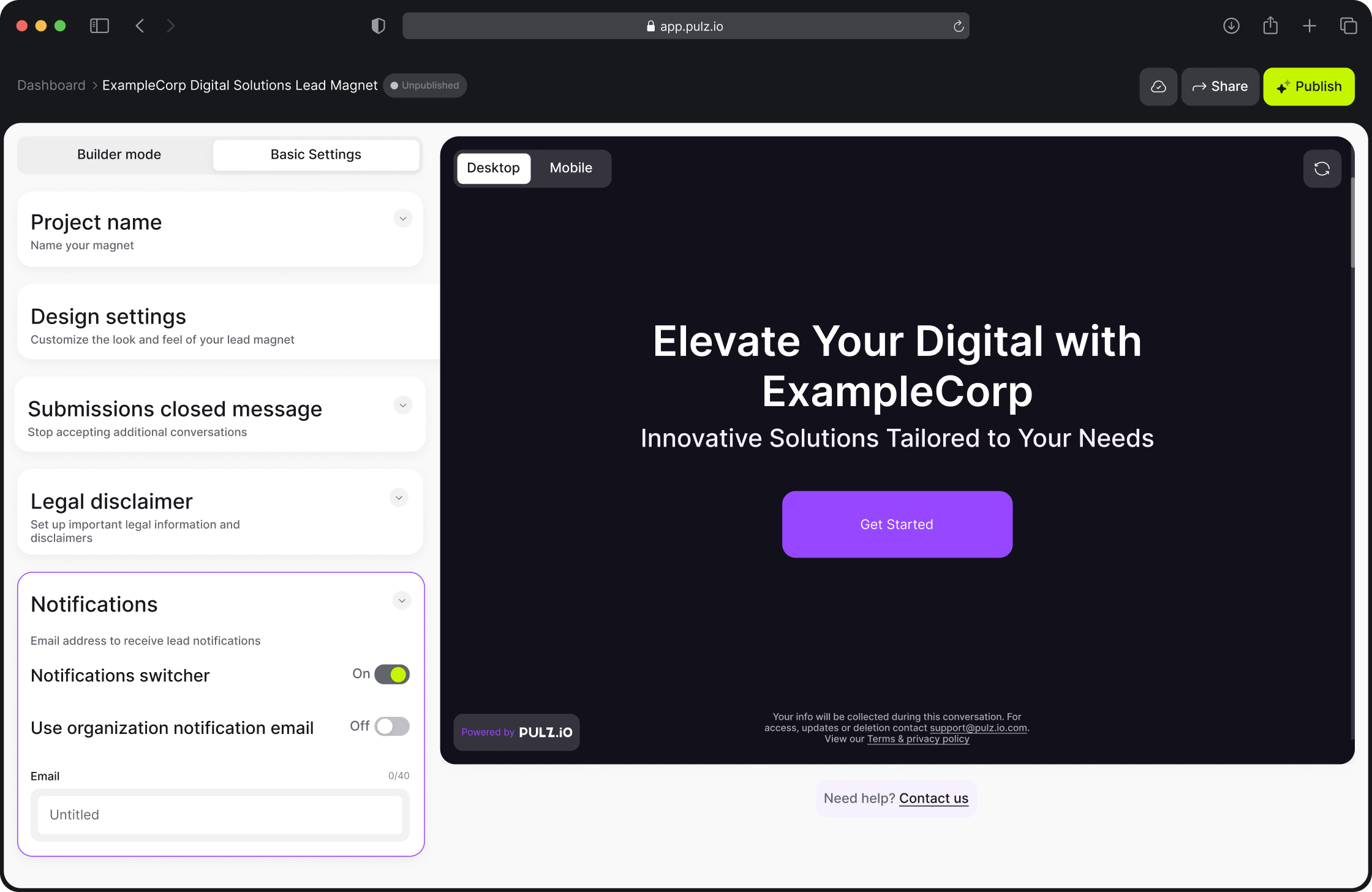 Pulz.io builder mode showing basic settings with an option to configure notifications, allowing users to set email preferences for lead magnet submissions