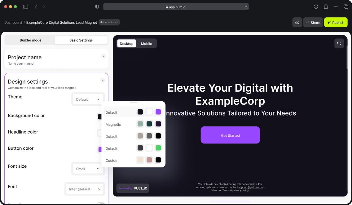 Pulz.io interface for customizing the style of your lead magnet, including design settings such as color and font.
