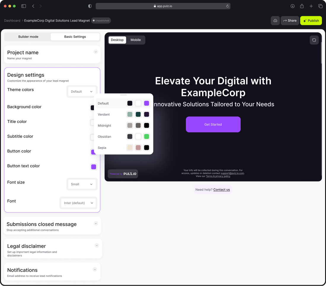 Pulz.io design settings page displaying options to customize the overall appearance of the lead magnet, including layout and theme adjustments.