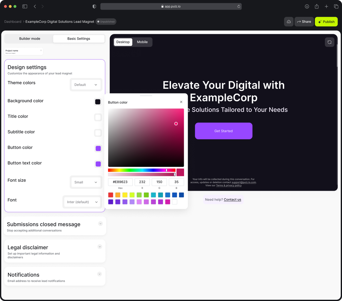 Pulz.io design settings interface showing color customization options, allowing users to adjust background, title, subtitle, and button colors for the lead magnet.