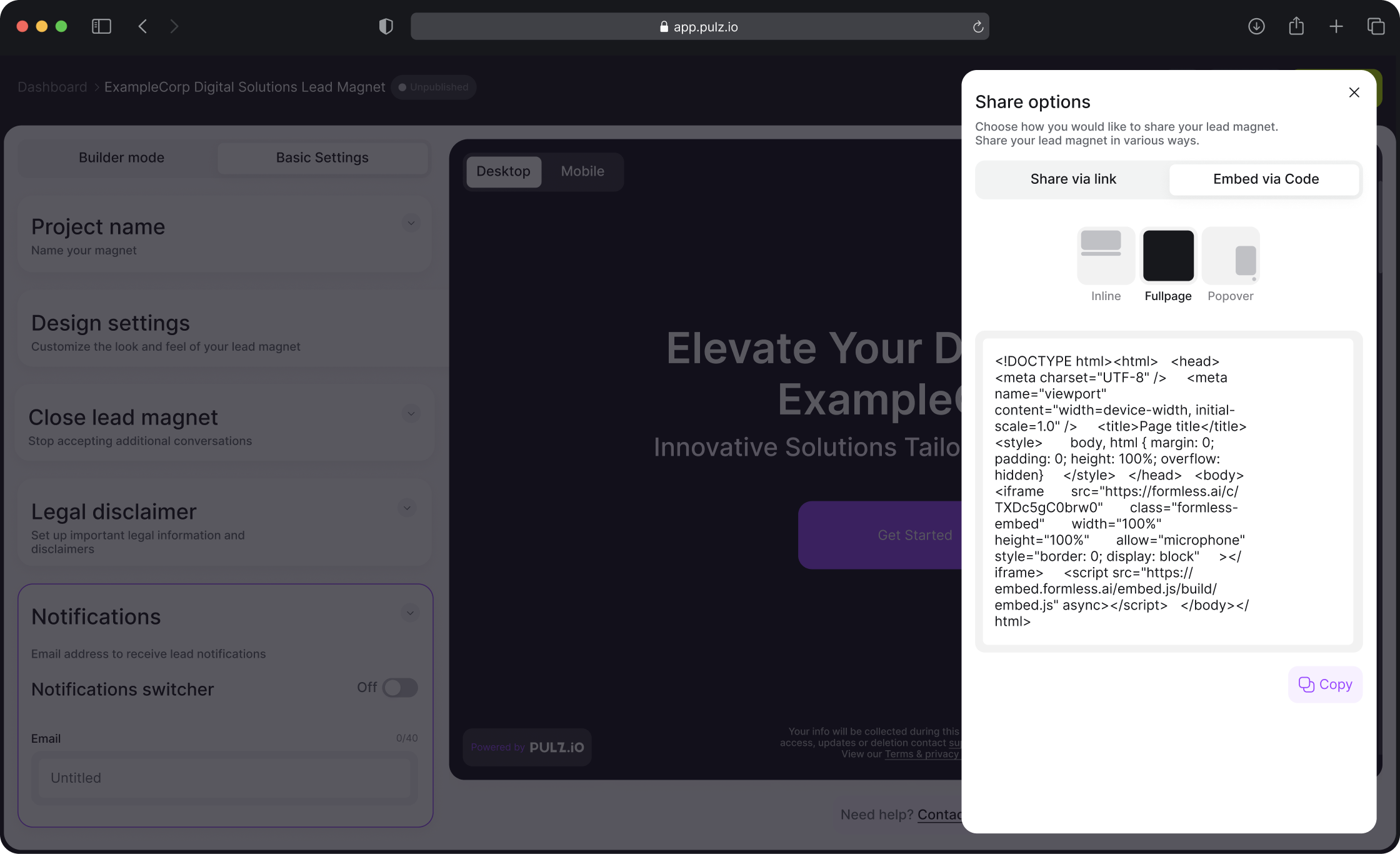 Pulz.io embedding options allowing users to embed the lead magnet as a full-page element, occupying the entire browser window.