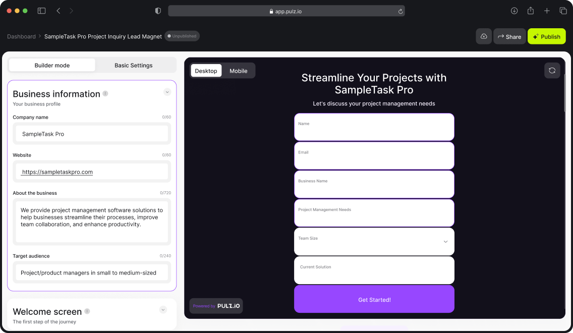 Pulz.io interface showing the process of generating a custom AI agent, tailored to enhance digital presence and drive conversions.