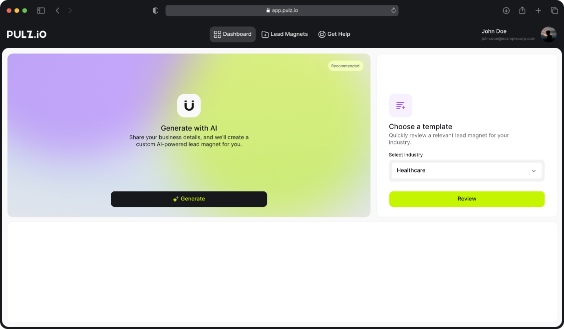 Pulz.io interface showing options to generate a custom lead magnet using AI or select a tailored industry template.