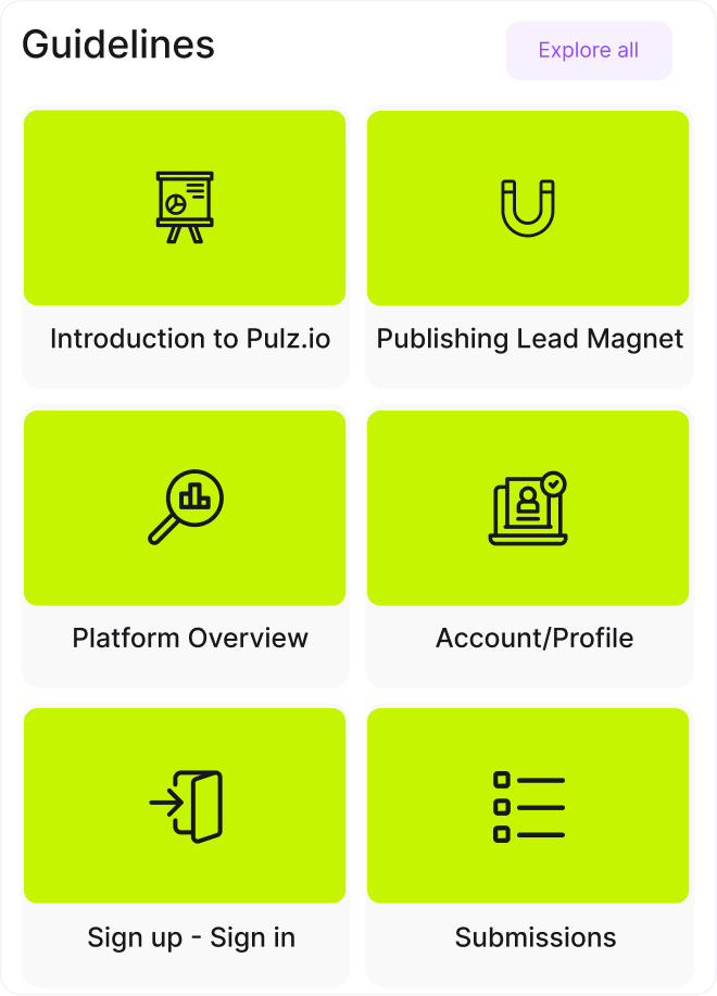 Pulz.io guidelines section providing step-by-step instructions for setting up and customizing lead magnets.