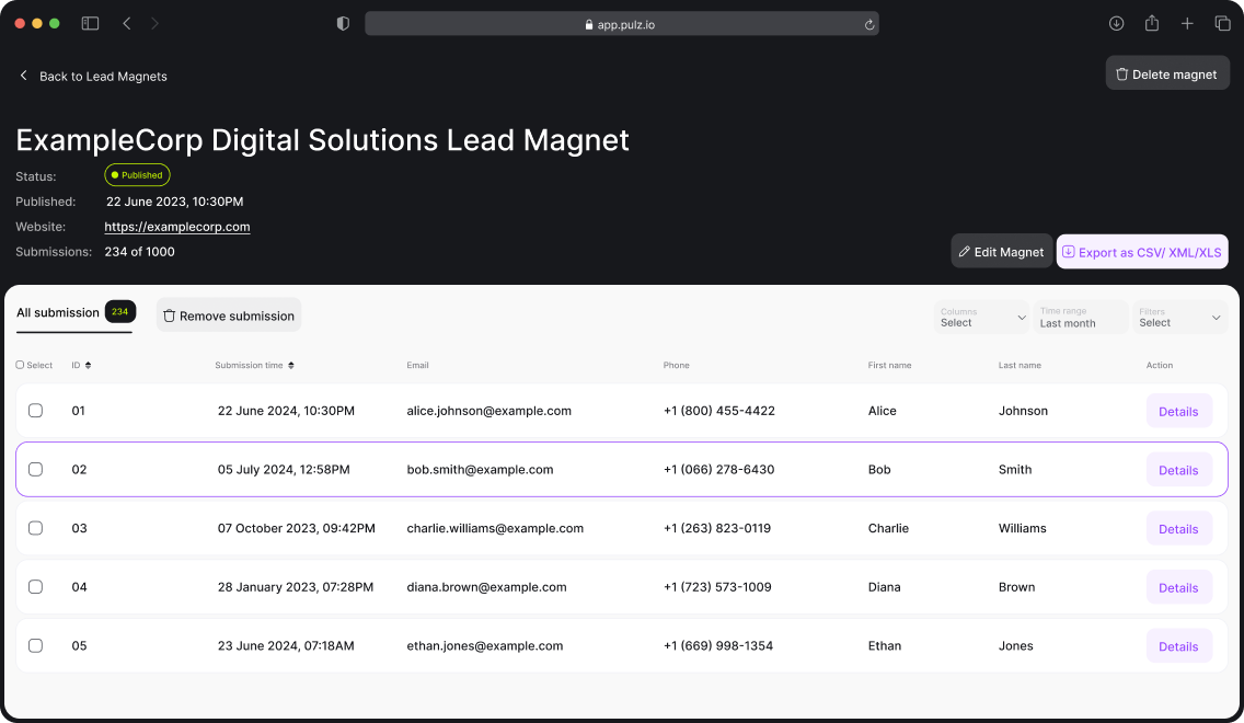 Pulz.io interface showcasing how to measure and optimize the performance of your lead magnet with data-driven insights.