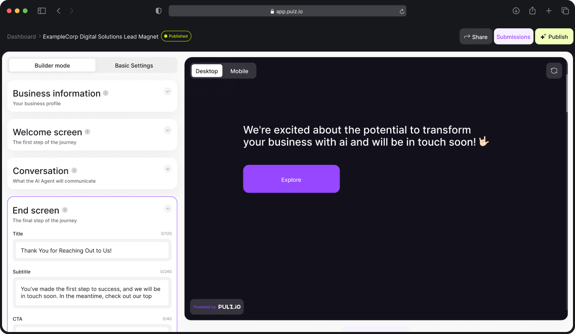 Pulz.io interface showing the generated AI agent with options to preview and edit the content before publishing