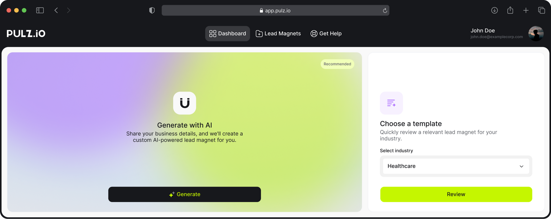 Pulz.io dashboard overview, displaying options for lead magnet generation and templates.