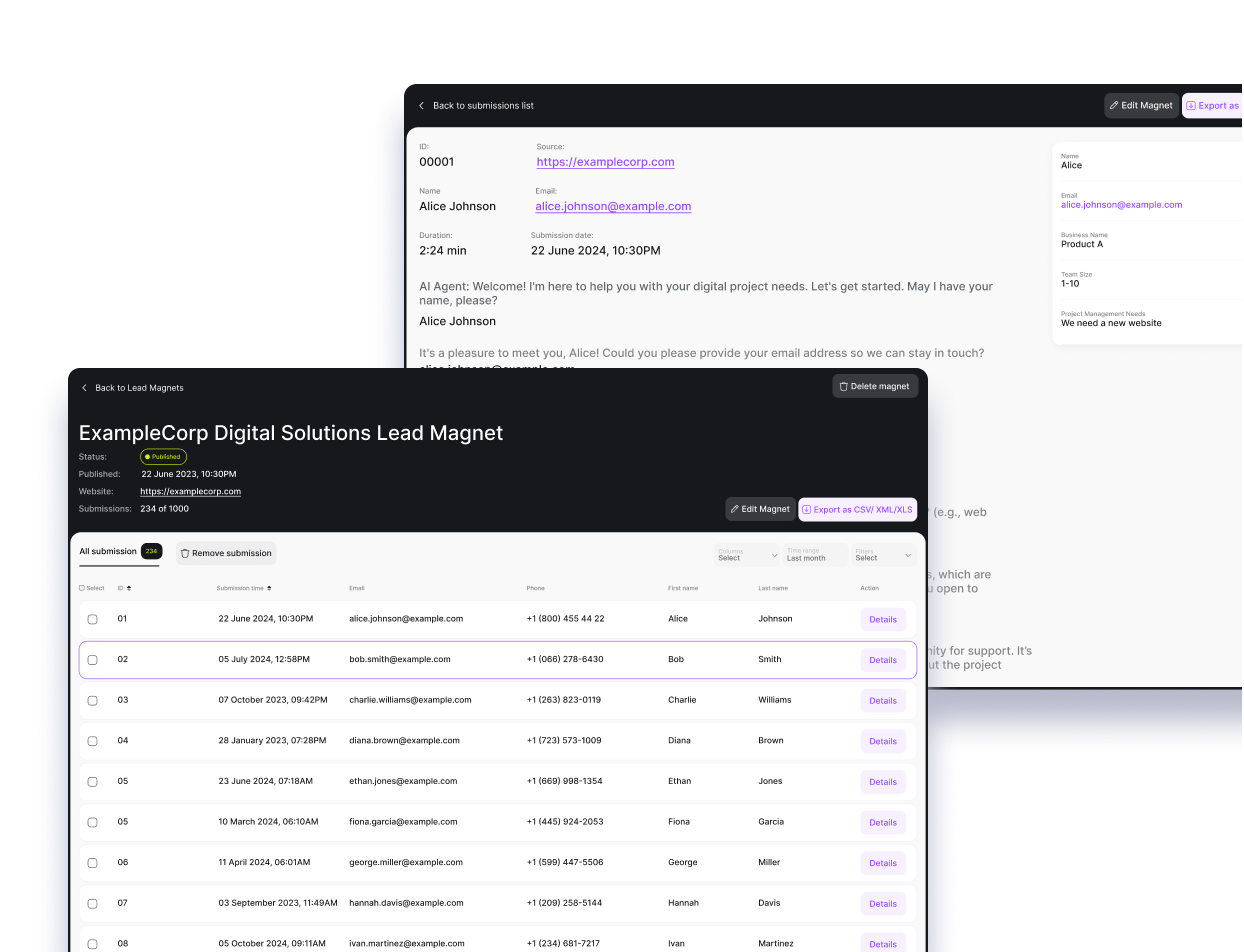 Pulz.io submission and lead management interface displaying submission details and lead magnet data export options.