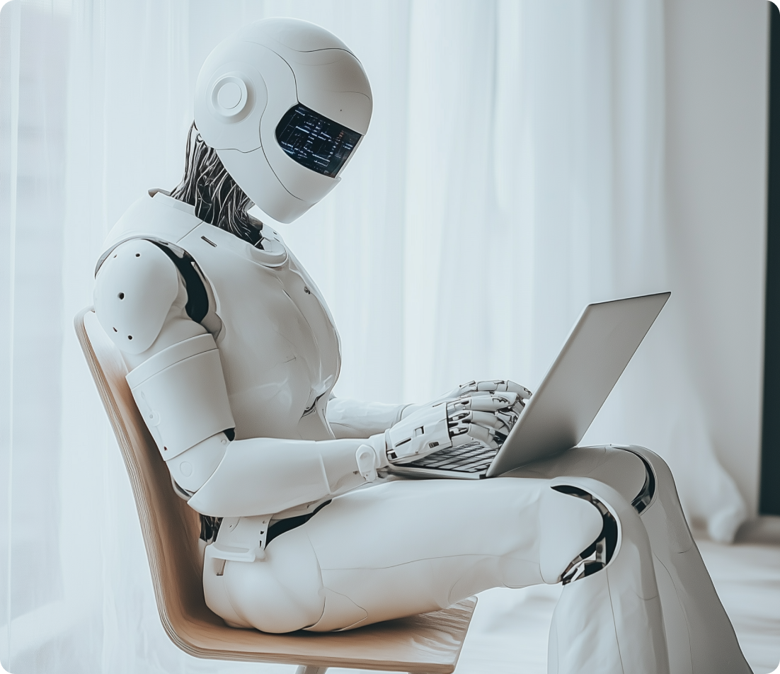 A humanoid robot sitting on a chair while working on a laptop, symbolizing AI technology and automation in digital work.