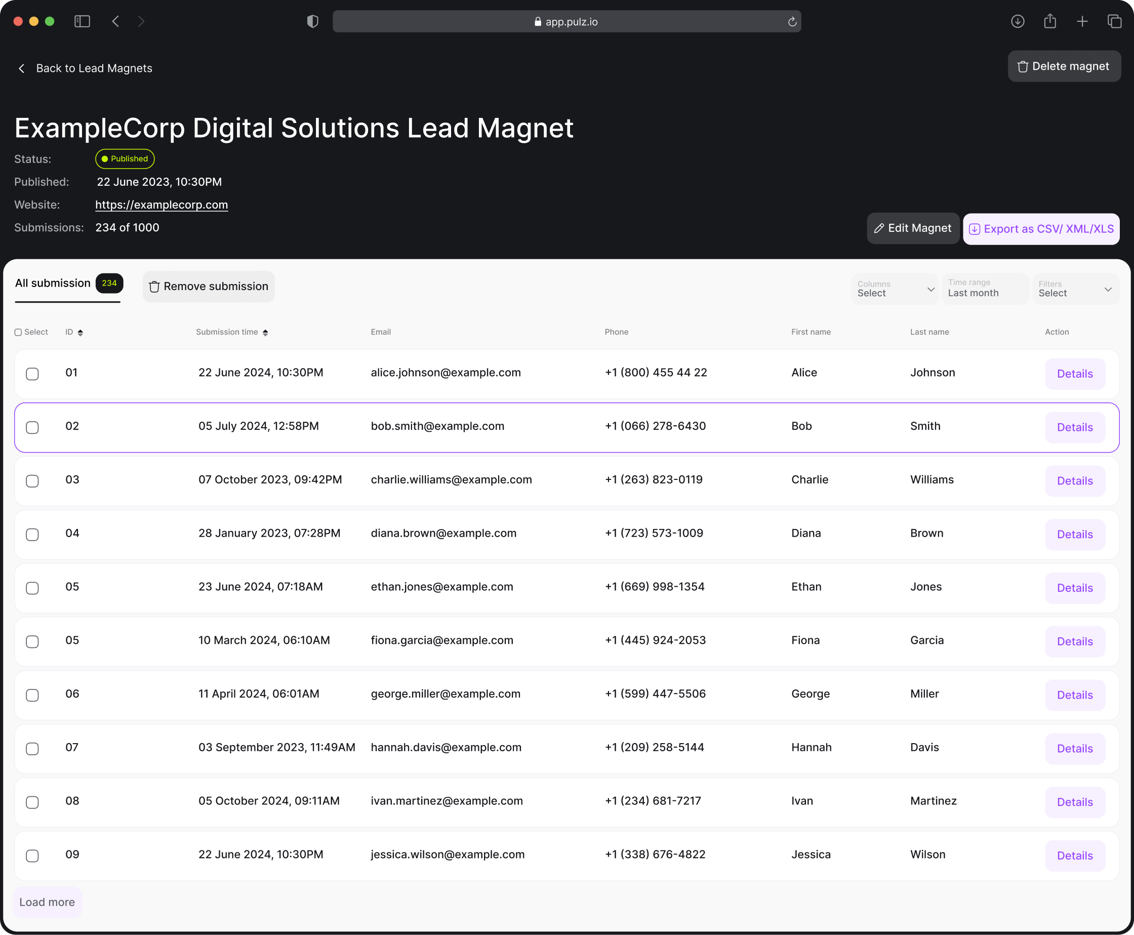 Pulz.io submissions page displaying a list of user submissions for the lead magnet, including submission details.