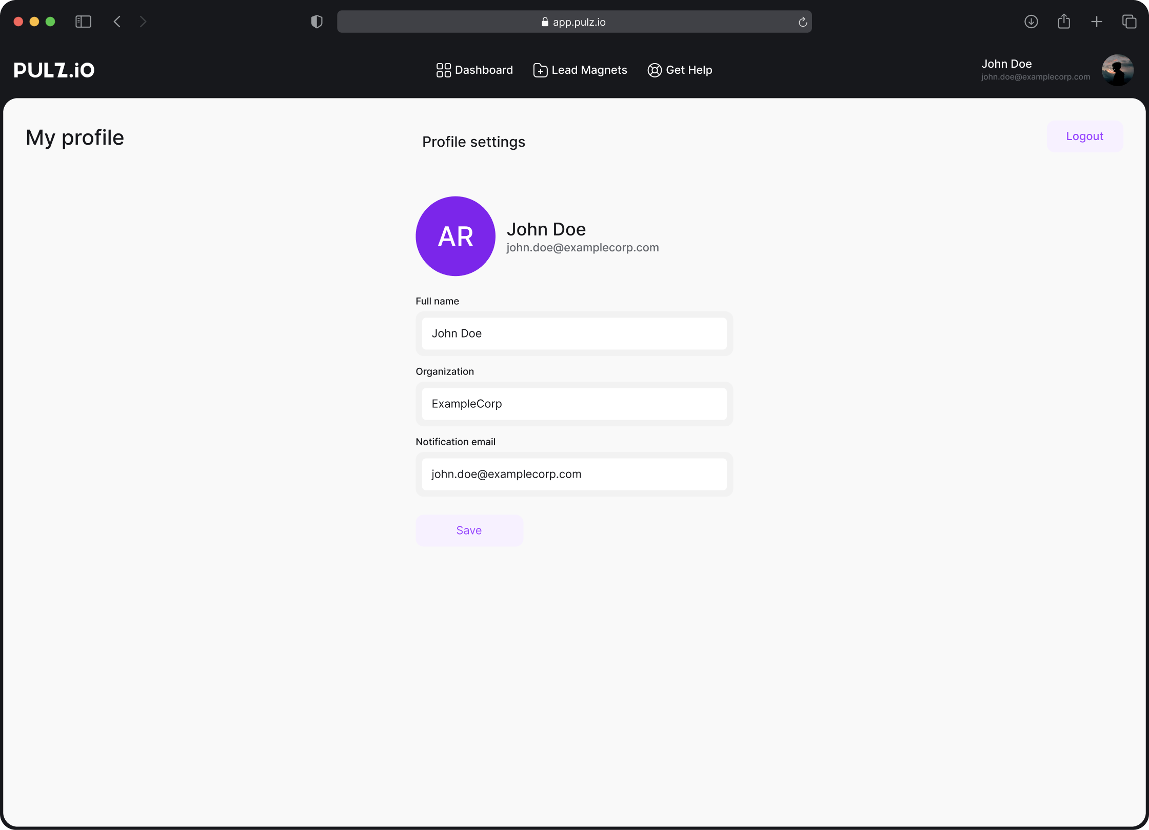 Pulz.io user profile page displaying account information, including name, email, and options to update personal details or manage account settings