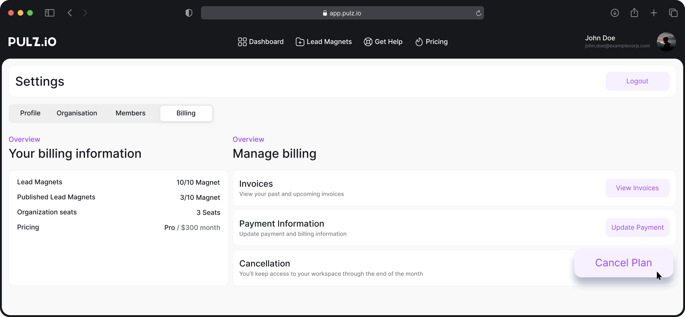 Pulz.io billing section highlighting the option to cancel the current subscription plan.