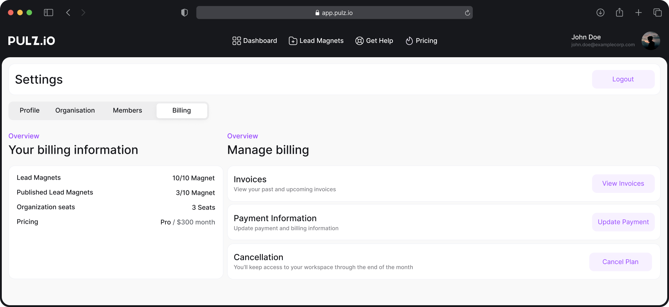 Pulz.io interface displaying the current subscription plan details and billing information, including renewal date and plan cost.