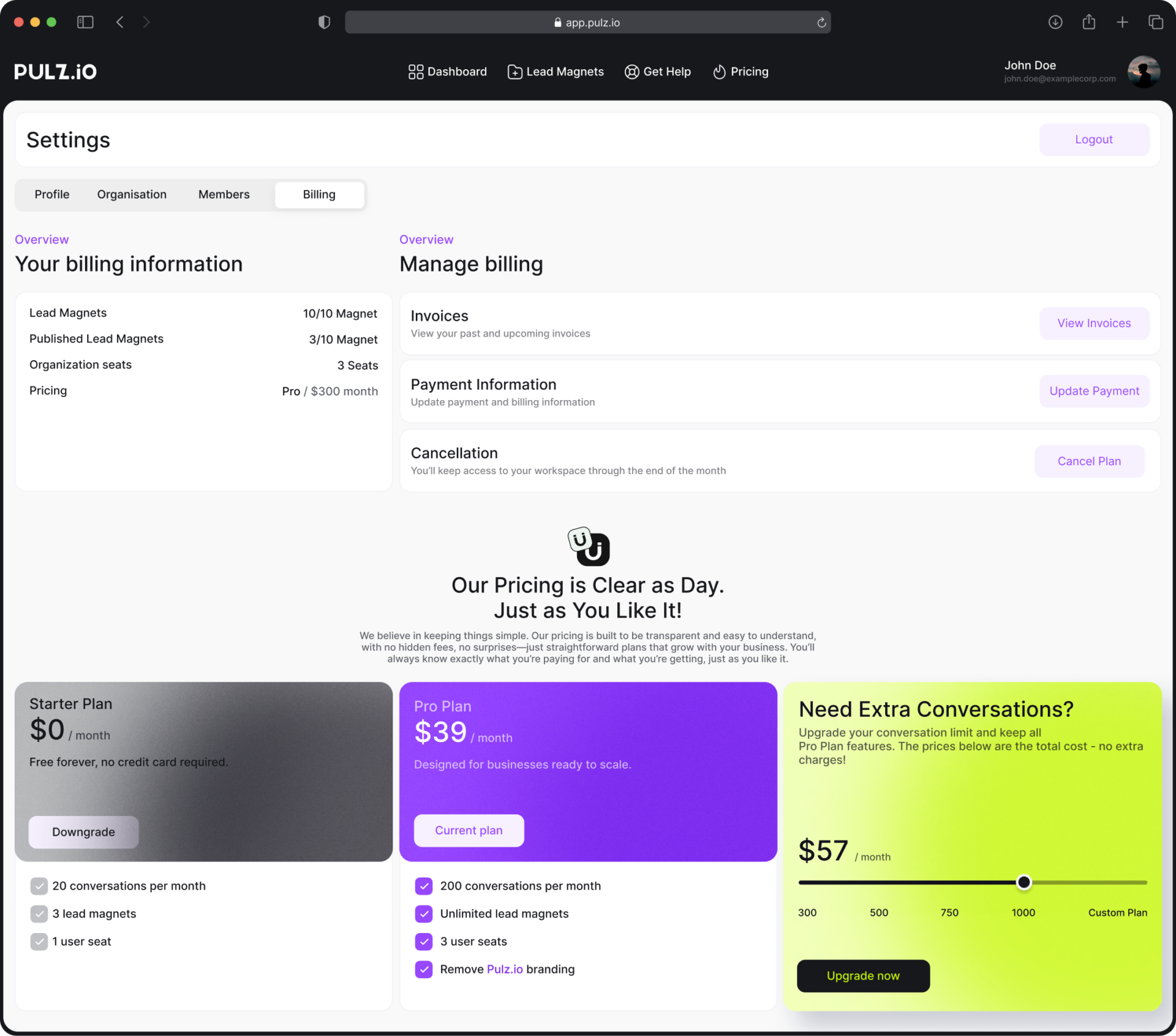 Pulz.io billing section showing the option to download invoices for previous subscription payments.