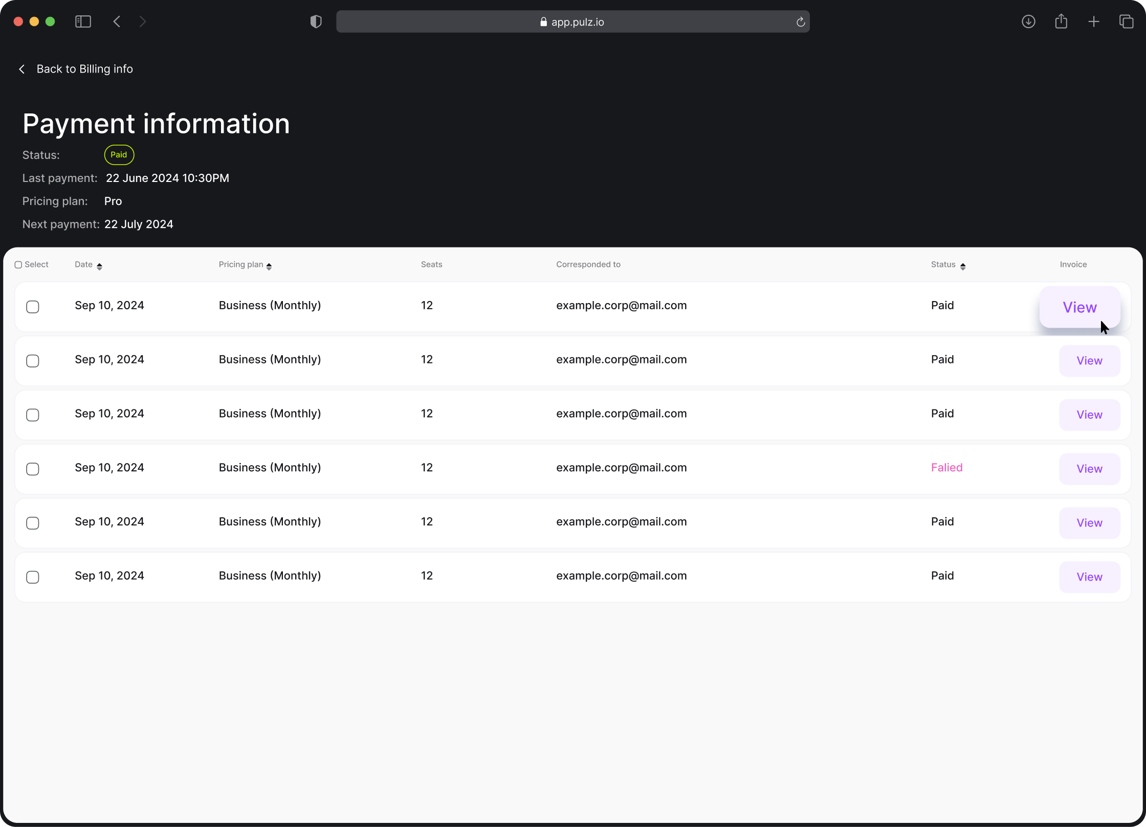 A webpage showing payment information with multiple rows detailing the date, subscription plan, number of seats, payment status, and a "View" button for each invoice.