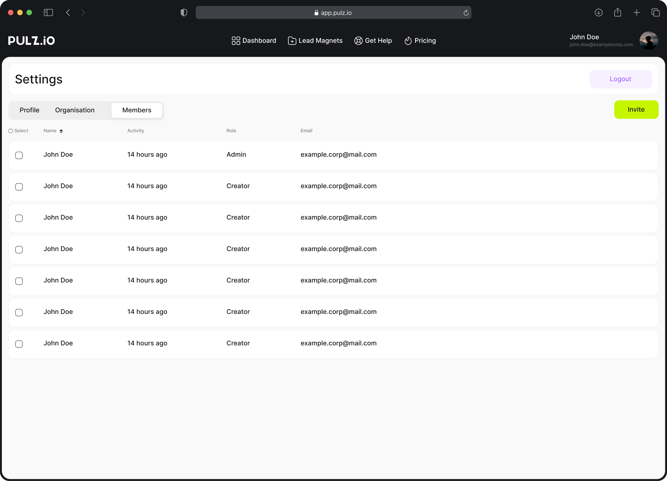 Pulz.io profile management section displaying the list of members in an organization, including their roles and permissions.