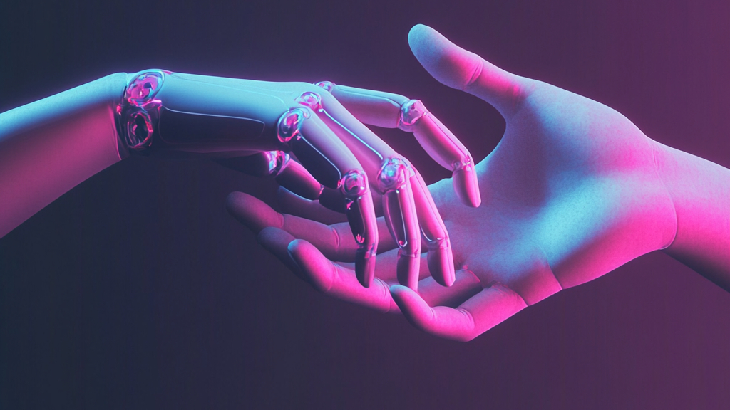 A human hand extends toward a robotic hand, both holding each other against a striking purple background.