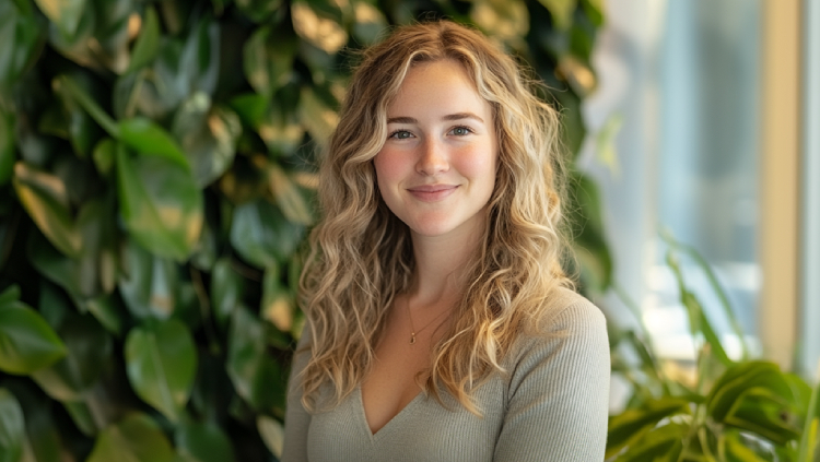 A woman with long hair stands confidently in front of a vibrant green wall, showcasing a serene and stylish atmosphere.