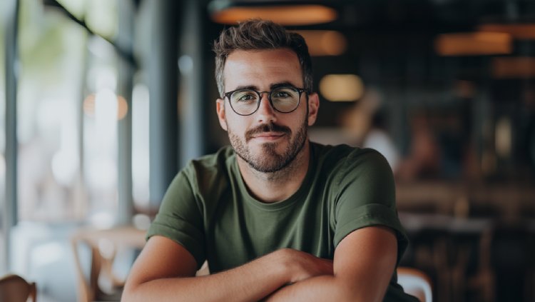 A man wearing glasses is seated at a table, engaged in a thoughtful pose.