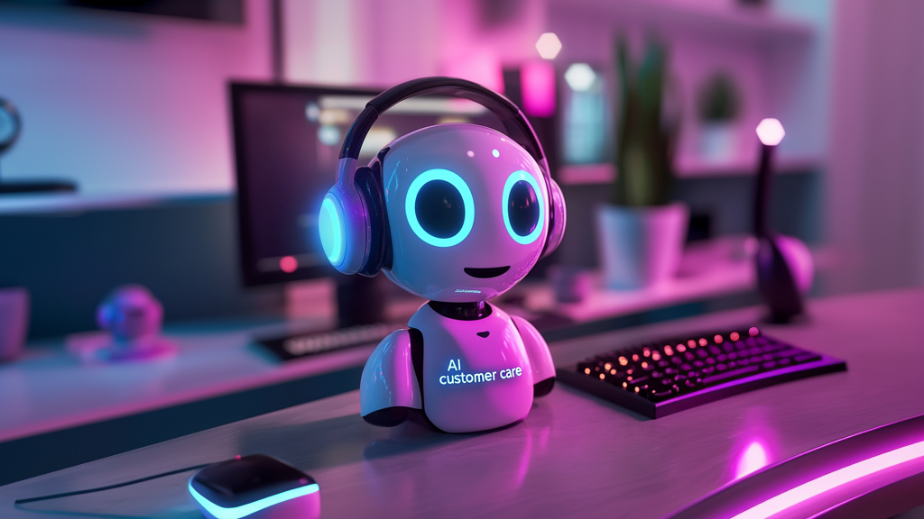 A robot wearing headphones sits on a desk, representing the innovation AI agents bring to businesses.