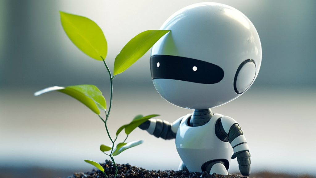 A small, minimalist-designed robot examining a sprouting plant.