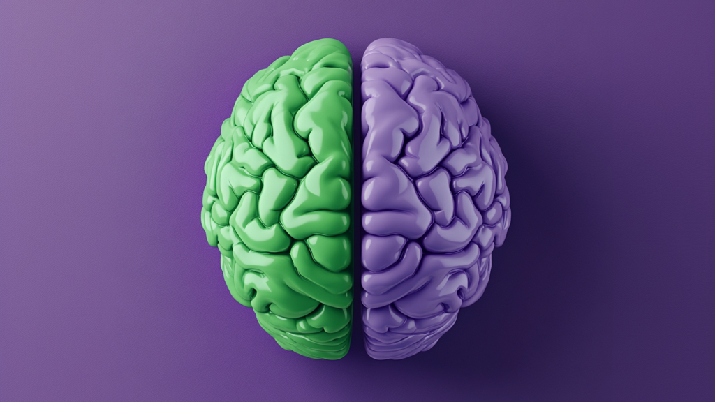 An illustration of two brain halves on a vibrant purple background, representing how AI tools can enhance human productivity.